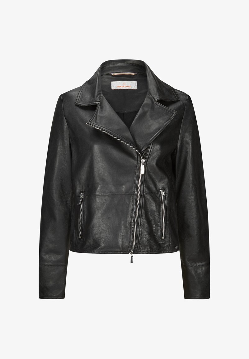 Schwarze Leder-Bikerjacke mit asymmetrischem Reißverschluss, breitem Kragen, zwei Reißverschlusstaschen und langen Ärmeln.