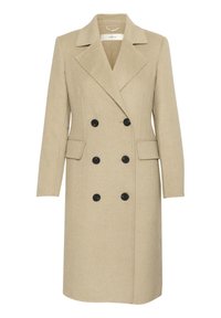 Beige divpusējais mētelis, izgatavots no vilnas maisījuma, ar izgrieztu apkakli, divām priekšējām kabatām un melnām pogām.