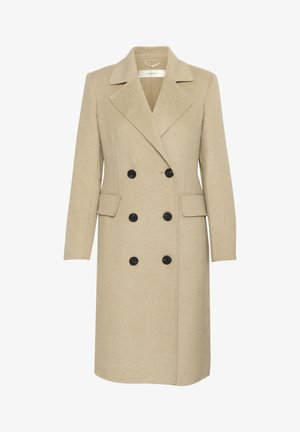 Bež kaput s dvostrukim kopčanjem izrađen od mješavine vune, s reverima, dva prednja džepa i crnim gumbima.