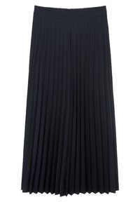 High-waisted pleated skirt in dark navy fabric, featuring vertical pleats, smooth texture, and a flowing design. No visible hardware or accents.