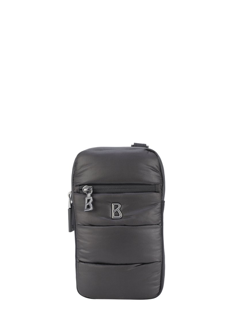 Borsa nera imbottita con una superficie liscia, dotata di una tasca frontale con zip e un accento con logo. Forma rettangolare compatta per una facile maneggevolezza.