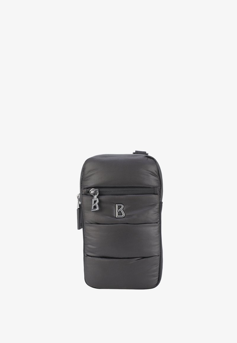 Borsa nera imbottita con una superficie liscia, dotata di una tasca frontale con zip e un accento con logo. Forma rettangolare compatta per una facile maneggevolezza.