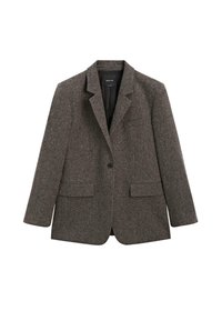 Blazer in lana grigio scuro a un bottone con rever a cono, due tasche anteriori con pattina e una tasca a filetto sul petto, mostrato su uno sfondo bianco.
