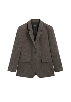 Donkergrijze wollen blazer met één knoop en schoenlapels, twee voorklepzakken en een borstzak, getoond op een witte achtergrond.