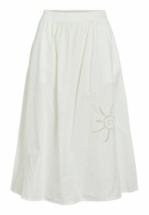 Jupe midi blanche avec taille élastique, coupe ample et broderie en forme de soleil découpée sur le bas à droite.