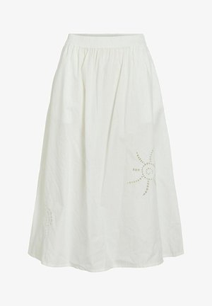 Biała spódnica midi z elastycznym pasem, luźnym krojem i haftem z wycięciem w kształcie słońca po prawej stronie na dole.