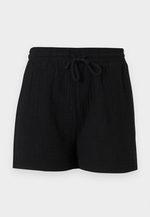 Μαύρα σορτς από υφή υφάσματος με ελαστική μέση και μπροστινό κορδόνι, σε απλό ανοιχτό φόντο.