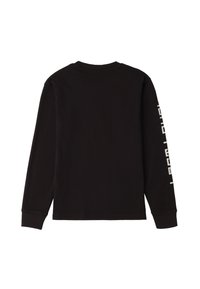 Zwart T-shirt met lange mouwen van katoen, met een ronde hals en een wit tekstontwerp op de rechter mouw. Soepele structuur, casual pasvorm.