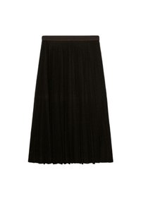 Falda negra plisada con una cinturilla ancha, hasta la rodilla, hecha de tela suave con una textura lisa y sin patrones ni adornos visibles.