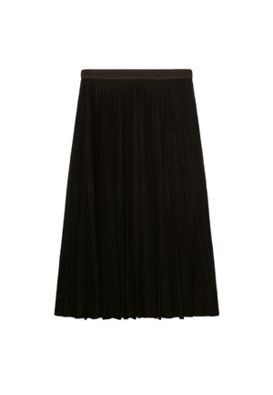 Zwarte geplooide rok met een brede tailleband, tot op de knie, gemaakt van zachte stof met een gladde textuur en zonder zichtbare patronen of accenten.