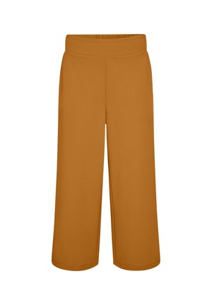 Szerokie spodnie o skróconej długości w kolorze musztardowym, z wysokim, elastycznym pasem i bez widocznych kieszeni ani zdobień.