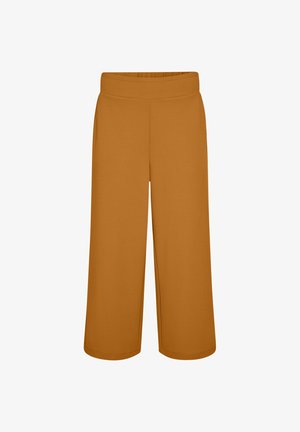 Weite, knöchellange Hosen in Senfgelb mit hohem, elastischem Bund und ohne sichtbare Taschen oder Verzierungen.