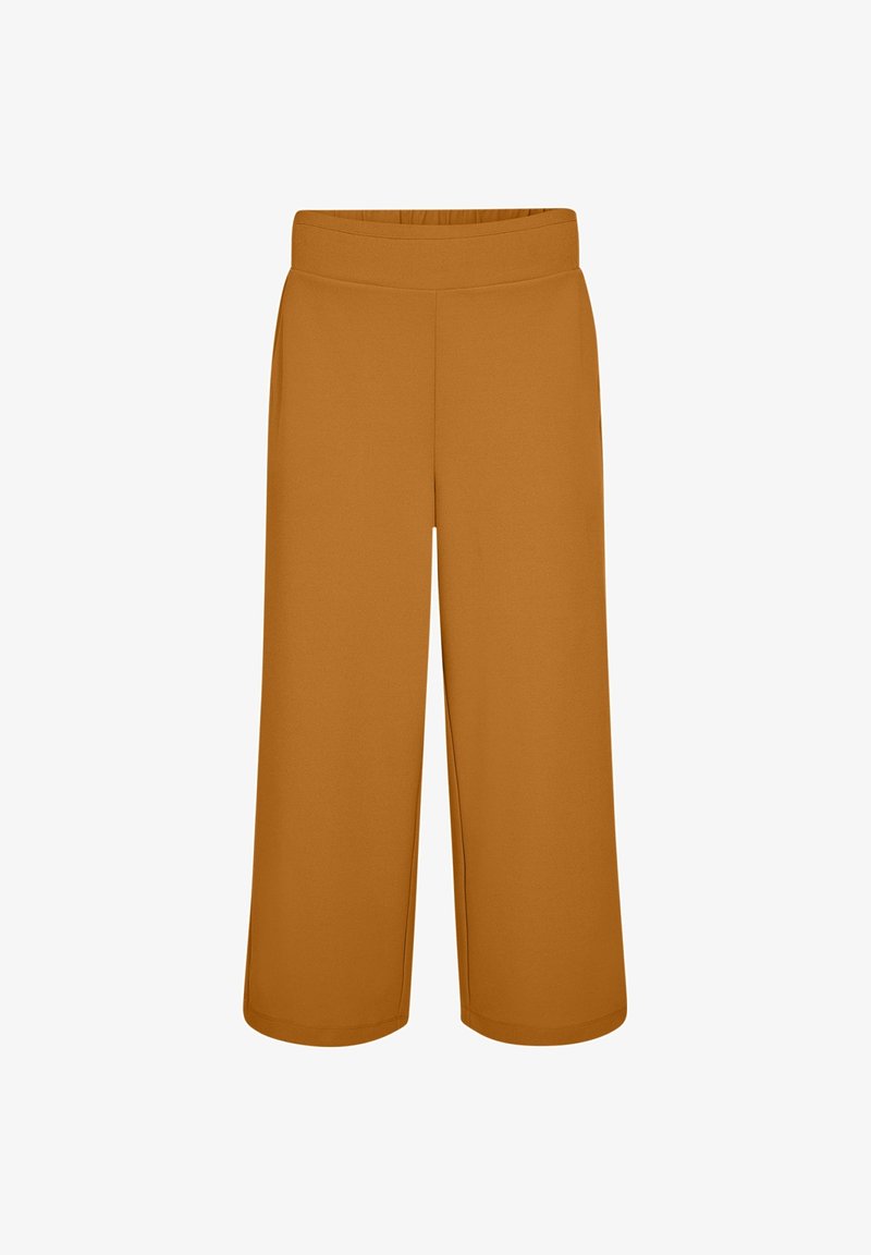 Pantalon large et court de couleur jaune moutarde avec une taille haute élastique, sans poches apparentes ni ornements.