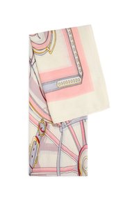 Foulard en soie avec une base crème ornée de motifs géométriques rose et gris, ainsi que d'éléments décoratifs comprenant des cercles et des lignes en jaune et rouge.