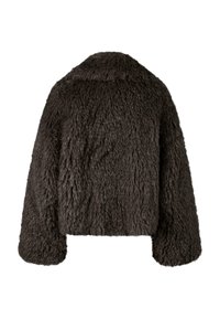 Faux fur-jacka i mörkgrått, kortad design, rundad krage och vida ärmar. Strukturerad yta med en mjuk, fluffig utseende.
