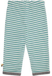 Gestreepte leggings in turquoise en wit, gemaakt van zachte stof. Heeft een rekbare taille en grijze boorden bij de enkels. Minimalistisch ontwerp.