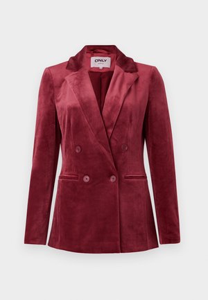 Dubbelzijdige blazer in bordeaux fluweel, met een gelapte kraag, twee voorkruiszakken en bijpassende knopen. Gelaagd, formeel ontwerp.
