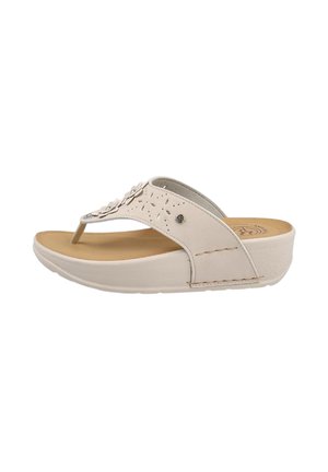 Sandalo infradito beige con zeppa, soletta imbottita, dettaglio di cinturino floreale traforato e leggero rialzo del tacco per uso quotidiano.