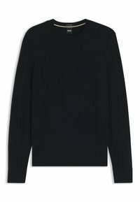 Marineblauer Strickpullover mit einem Zopfmuster, rundem Halsausschnitt und gerippten Säumen. Der Stoff wirkt weich und strukturiert und hat lange Ärmel.