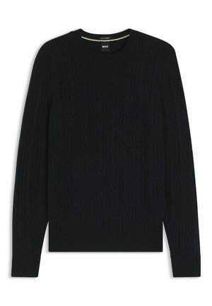 Maglione in maglia blu navy caratterizzato da un motivo a treccia, scollatura rotonda e orli a costine. Il tessuto appare morbido e dal design strutturato con maniche lunghe.