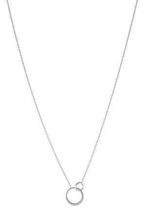 Silver necklace with a delicate chain featuring two interconnected rings. The larger ring has a smooth surface, while the smaller ring is adorned with small gemstones.