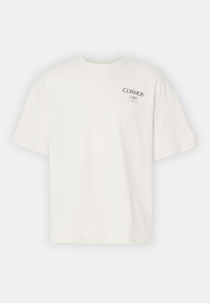 White cotton t-shirt with short sleeves, a crew neck, and a small graphic printed on the chest featuring the word "COSMOS."