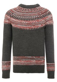 Pull en tricot gris foncé avec un empiècement circulaire arborant des motifs géométriques rouge et blanc au niveau du col, des manches et de l'ourlet.