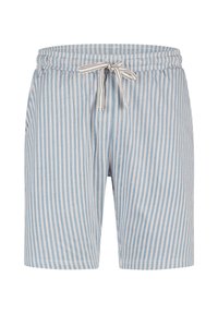 Shorts rayés bleu et blanc, dotés d'une taille élastique avec cordelette, d'une coupe longueur genou et d'une texture en coton doux.