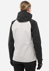 Water-resistant jacket with a black hood and sleeves, light gray body, and adjustable cuffs. Smooth texture and minimalist design.