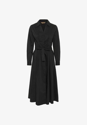 Schwarzes Langarmkleid mit Kragen, Bindegürtel in der Taille und ausgestellt Rock. Hergestellt aus glattem Stoff mit einfarbigem Finish.