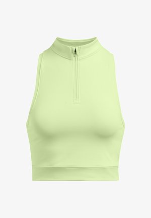 Hellgrünes Sport-Crop-Top mit hohem Kragen, Frontreißverschluss und glatter, dehnbarer Textur. Taillierte Passform, entworfen für aktive Freizeitbekleidung.