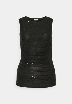 Μαύρο αμάνικο τοπ με υφή πλεκτού σχεδίου, διακοσμημένο με παγιέτες και πτυχώσεις στα πλάγια. Λείο φινίρισμα.