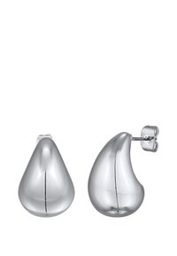 Silberne Tropfohren mit polierter Oberfläche, die eine glatte Textur aufweisen und mit einem integrierten Stecker für sicheren Halt ausgestattet sind.