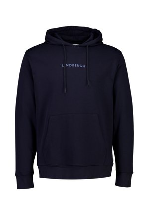 Marineblauer Hoodie aus weichem Stoff mit Kängurutasche, Kapuze mit Kordelzug und hellblauer Aufschrift "L N D B R G H".