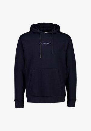 Marineblauwe hoodie gemaakt van zachte stof met een kangoeroezak, capuchon met trekkoord en "L N D B R G H" bedrukt in lichtblauw.