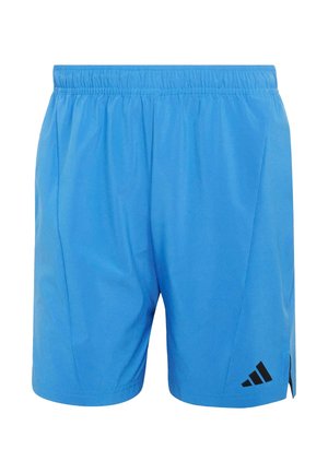Pantaloncini sportivi blu con vita elastica e logo Adidas nero sulla gamba destra in basso.