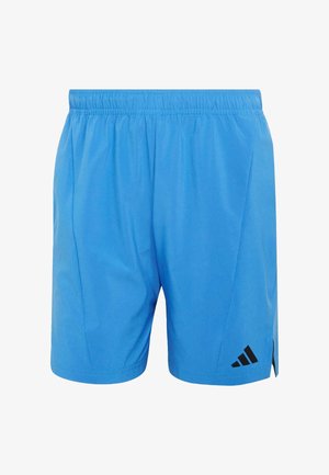 Pantaloncini sportivi blu con vita elastica e logo Adidas nero sulla gamba destra in basso.