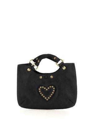 Borsa a mano in pelle nera con manici corti, borchie dorate a forma di cuore sul davanti e dettagli in anello dorato.