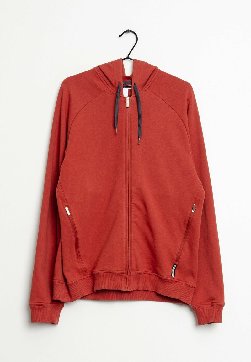 Red zip-up hoodie with a front zipper and side pockets. Features a hood, raglan sleeves, and contrasting drawstrings. Soft material and textured finish.