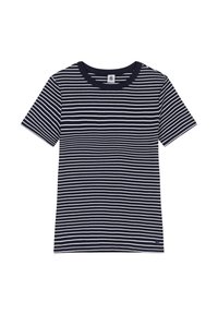 Marine en wit gestreepte T-shirt met een ronde hals en korte mouwen. De stof lijkt zacht en glad, met een klein accentlogo aan de zoom.