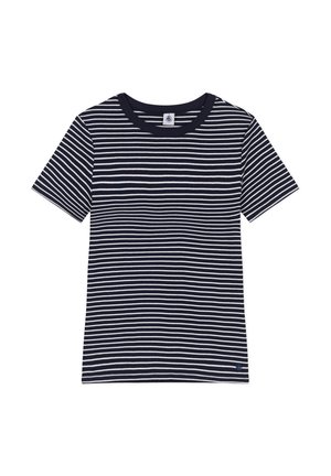 Marine en wit gestreepte T-shirt met een ronde hals en korte mouwen. De stof lijkt zacht en glad, met een klein accentlogo aan de zoom.