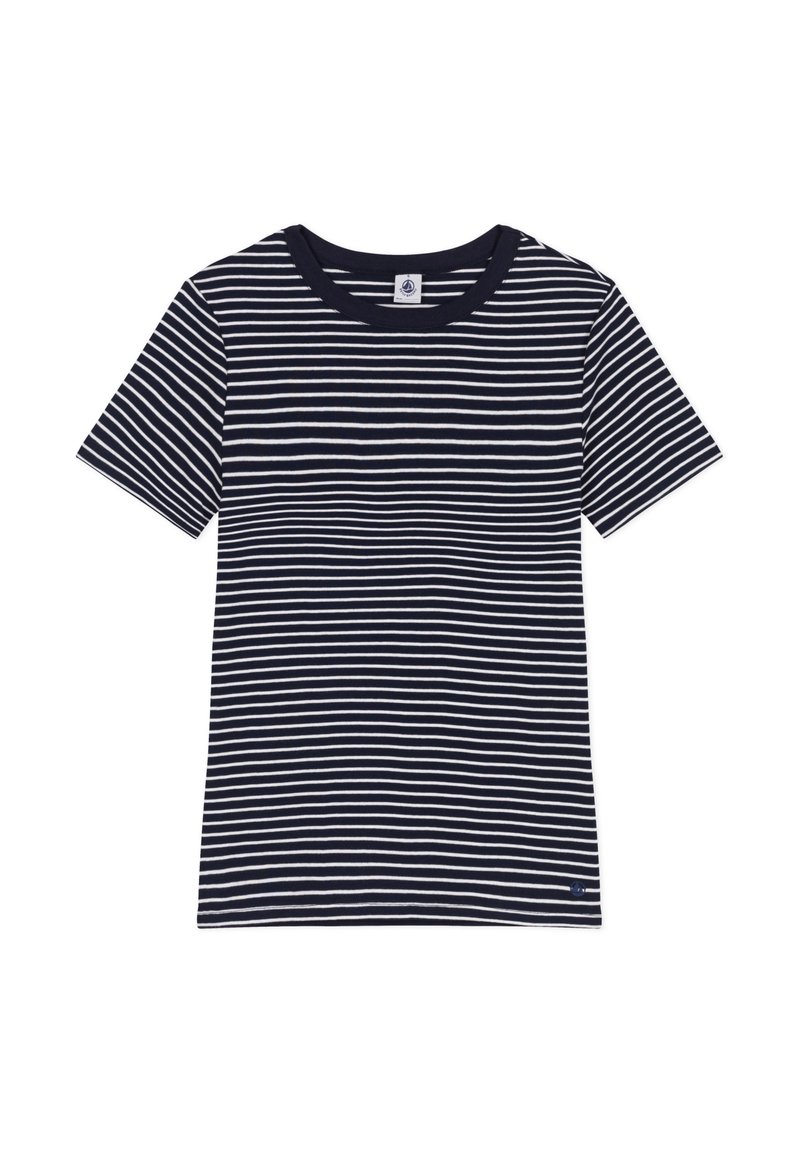 Marine en wit gestreepte T-shirt met een ronde hals en korte mouwen. De stof lijkt zacht en glad, met een klein accentlogo aan de zoom.