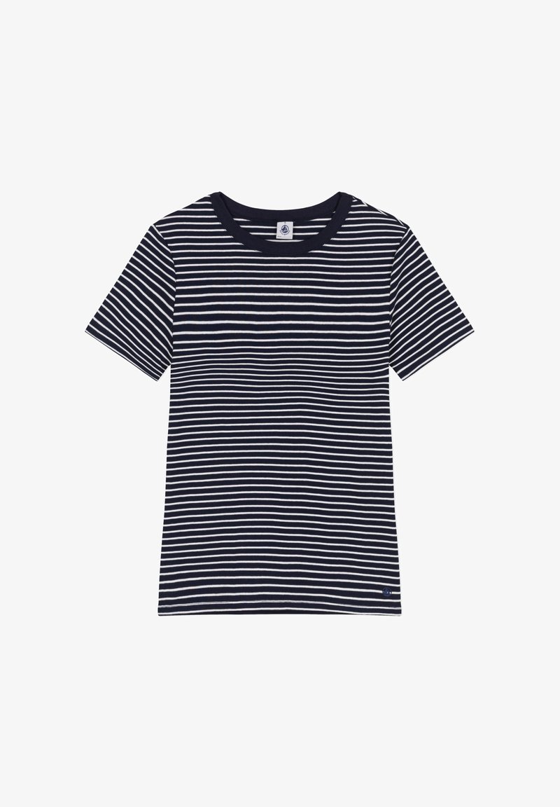 Marine en wit gestreepte T-shirt met een ronde hals en korte mouwen. De stof lijkt zacht en glad, met een klein accentlogo aan de zoom.