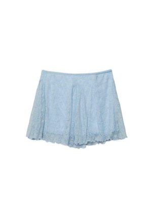 Jupe patineuse en dentelle bleu clair avec une silhouette évasée et un ourlet festonné sur fond blanc.