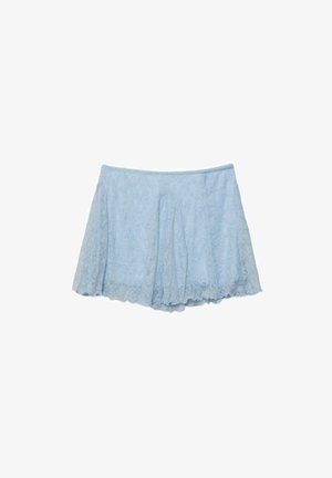 Jupe patineuse en dentelle bleu clair avec une silhouette évasée et un ourlet festonné sur fond blanc.