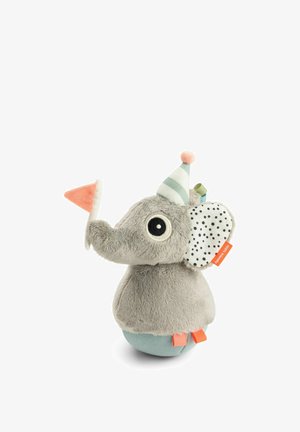 Zacht plucheolifantje met een gestreept feesthoedje, oor met stippen en een oranje driehoekige vlag bevestigd aan zijn slurf.