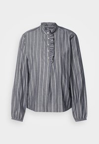Gestreifte graue Bluse mit Rüschendetail entlang der Knopfleiste, langen, puffigen Ärmeln und einem hohen Kragen. Leichter Stoff mit strukturierter Oberfläche.