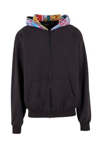 Schwarze Zip-Hoodie mit Fronttaschen und mehrfarbigem, gemustertem Innenfutter der Kapuze, langen Ärmeln sowie elastischen Bündchen und Saum.