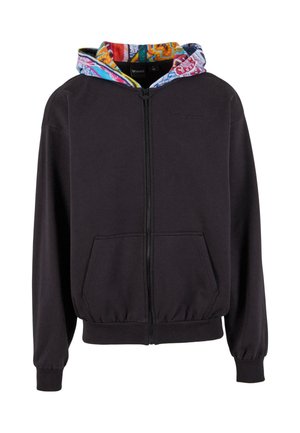 Schwarze Zip-Hoodie mit Fronttaschen und mehrfarbigem, gemustertem Innenfutter der Kapuze, langen Ärmeln sowie elastischen Bündchen und Saum.