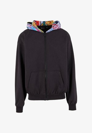 Black zip-up hoodie with front pockets and multicolored patterned inner hood lining, long sleeves, and elastic cuffs and hem.